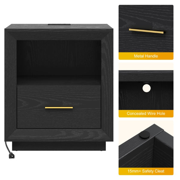 English Elm Nightstand Set of 2 with Built-In Charging Hub Fluted Modern Design for Bedroom Black T6051P603149