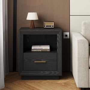 English Elm Nightstand Set of 2 with Built-In Charging Hub Fluted Modern Design for Bedroom Black T6051P603149