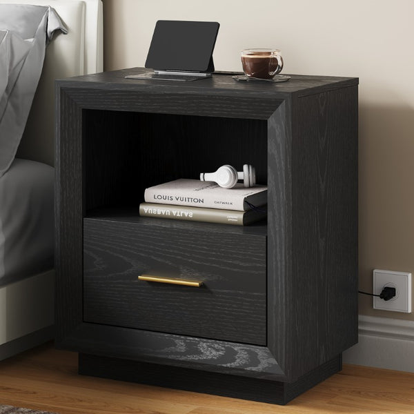 English Elm Nightstand Set of 2 with Built-In Charging Hub Fluted Modern Design for Bedroom Black T6051P603149