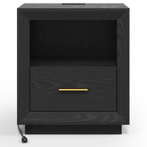 English Elm Nightstand Set of 2 with Built-In Charging Hub Fluted Modern Design for Bedroom Black T6051P603149