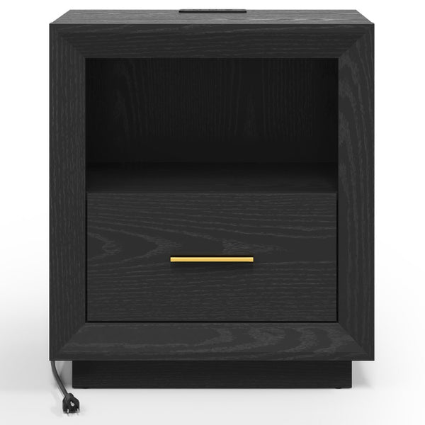 English Elm Nightstand Set of 2 with Built-In Charging Hub Fluted Modern Design for Bedroom Black T6051P603149