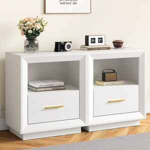English Elm Nightstand Set of 2 with Built-In Charging Hub Fluted Modern Design for Bedroom White T6051P603193