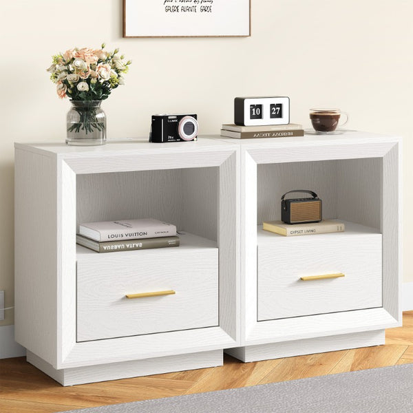 English Elm Nightstand Set of 2 with Built-In Charging Hub Fluted Modern Design for Bedroom White T6051P603193