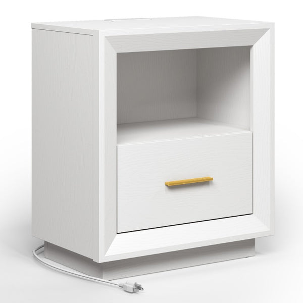 English Elm Nightstand Set of 2 with Built-In Charging Hub Fluted Modern Design for Bedroom White T6051P603193