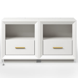 English Elm Nightstand Set of 2 with Built-In Charging Hub Fluted Modern Design for Bedroom White T6051P603193