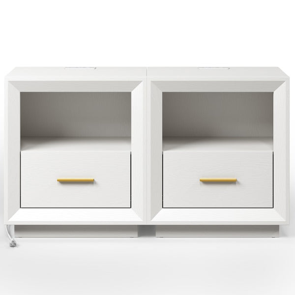 English Elm Nightstand Set of 2 with Built-In Charging Hub Fluted Modern Design for Bedroom White T6051P603193