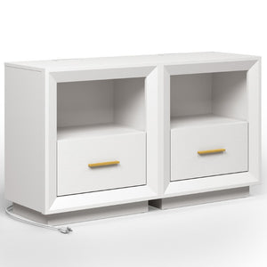 English Elm Nightstand Set of 2 with Built-In Charging Hub Fluted Modern Design for Bedroom White T6051P603193
