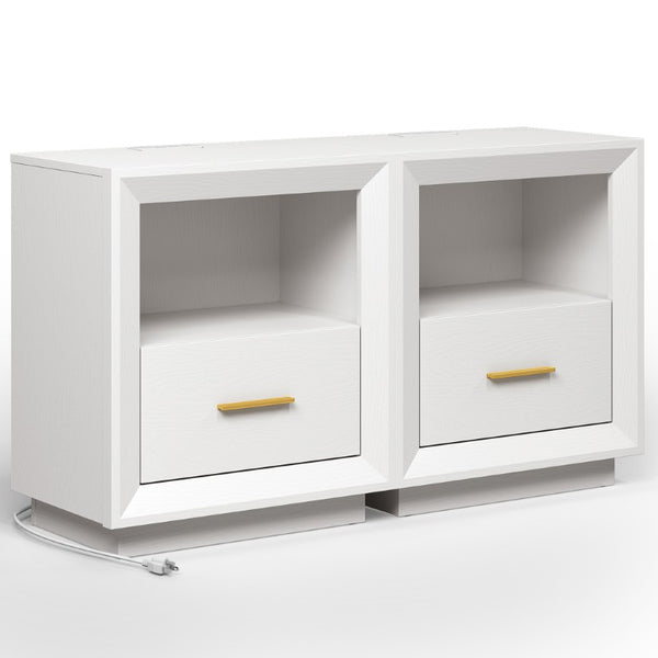 English Elm Nightstand Set of 2 with Built-In Charging Hub Fluted Modern Design for Bedroom White T6051P603193