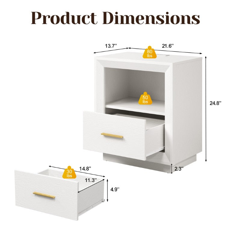 English Elm Nightstand Set of 2 with Built-In Charging Hub Fluted Modern Design for Bedroom White T6051P603193