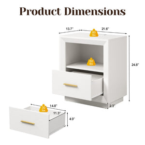 English Elm Nightstand Set of 2 with Built-In Charging Hub Fluted Modern Design for Bedroom White T6051P603193