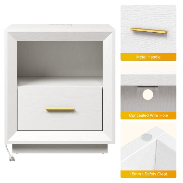 English Elm Nightstand Set of 2 with Built-In Charging Hub Fluted Modern Design for Bedroom White T6051P603193