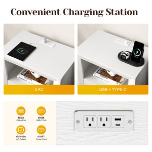 English Elm Nightstand Set of 2 with Built-In Charging Hub Fluted Modern Design for Bedroom White T6051P603193