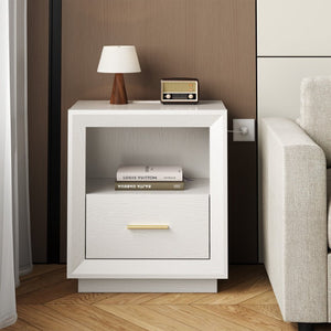 English Elm Nightstand Set of 2 with Built-In Charging Hub Fluted Modern Design for Bedroom White T6051P603193