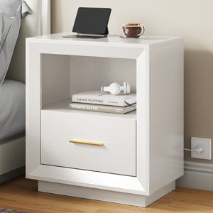 English Elm Nightstand Set of 2 with Built-In Charging Hub Fluted Modern Design for Bedroom White T6051P603193