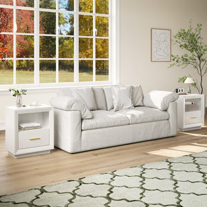 English Elm Nightstand Set of 2 with Built-In Charging Hub Fluted Modern Design for Bedroom White T6051P603193