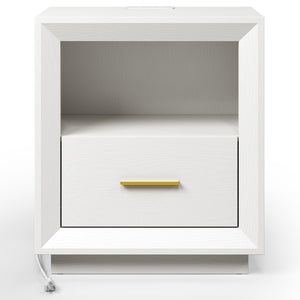 English Elm Nightstand Set of 2 with Built-In Charging Hub Fluted Modern Design for Bedroom White T6051P603193