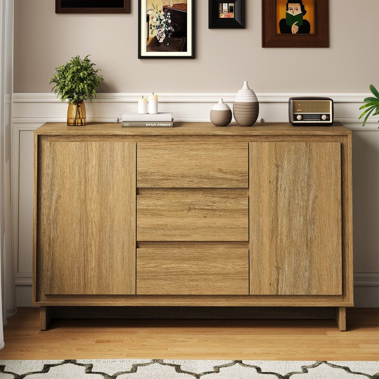 English Elm Freestanding Farmhouse Credenza with Three Drawers and Double Door Cabinet Storage T6051P603297