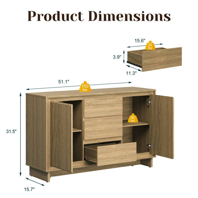 English Elm Freestanding Farmhouse Credenza with Three Drawers and Double Door Cabinet Storage T6051P603297