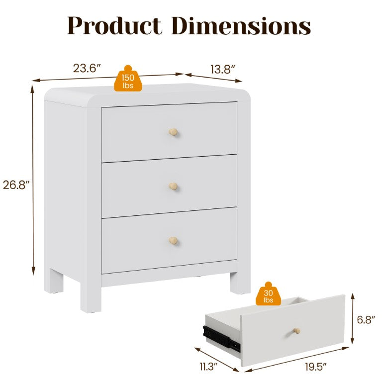 English Elm 3 Drawer Chest with Rounded Edges Smooth Glides Waterproof Top for Bedroom Storage White T6051P603518