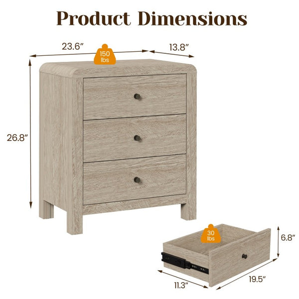 English Elm 3 Drawer Chest with Rounded Edges Smooth Glides Waterproof Top for Bedroom Storage Natural Wood T6051P603528