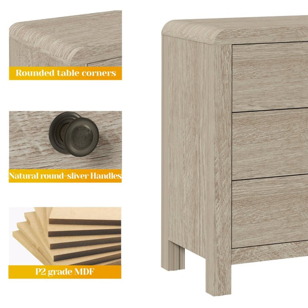 English Elm 3 Drawer Chest with Rounded Edges Smooth Glides Waterproof Top for Bedroom Storage Natural Wood T6051P603528