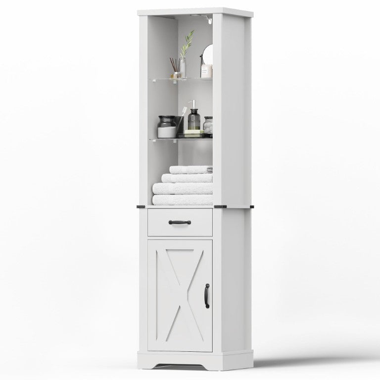 English Elm 74 Inch Tall Barn Door Storage Cabinet with LED Lit Glass Shelves for Any Room T6051P603760
