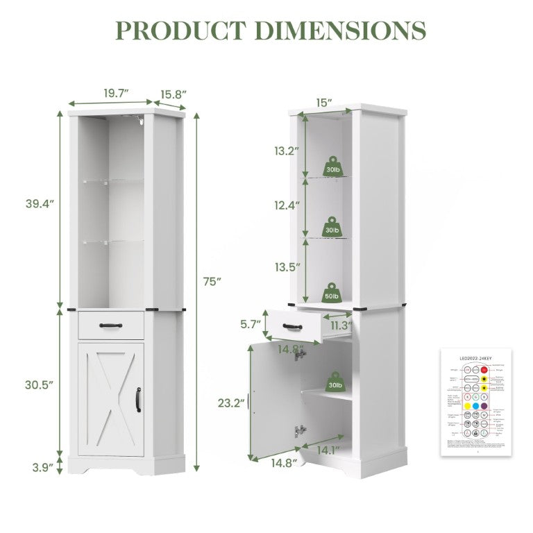 English Elm 74 Inch Tall Barn Door Storage Cabinet with LED Lit Glass Shelves for Any Room T6051P603760