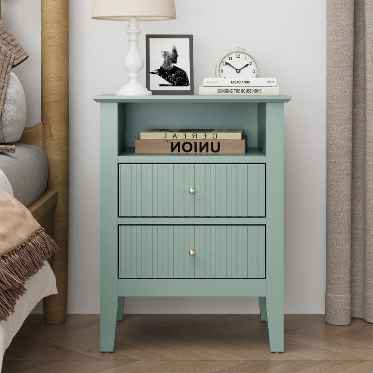 English Elm Fluted Nightstand with Two Drawers Open Shelf and Gold Hardware for Modern Bedroom Decor T6051P604308