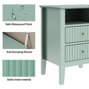 English Elm Fluted Nightstand with Two Drawers Open Shelf and Gold Hardware for Modern Bedroom Decor T6051P604308