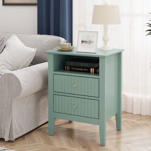 English Elm Fluted Nightstand with Two Drawers Open Shelf and Gold Hardware for Modern Bedroom Decor T6051P604308