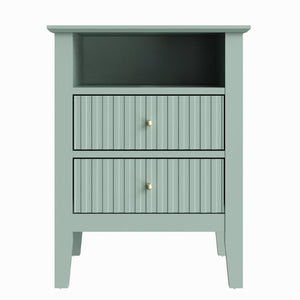 English Elm Fluted Nightstand with Two Drawers Open Shelf and Gold Hardware for Modern Bedroom Decor T6051P604308