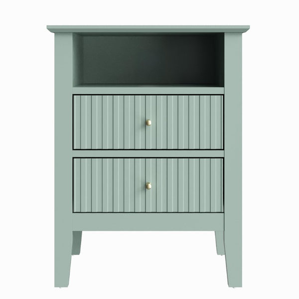 English Elm Fluted Nightstand with Two Drawers Open Shelf and Gold Hardware for Modern Bedroom Decor T6051P604308