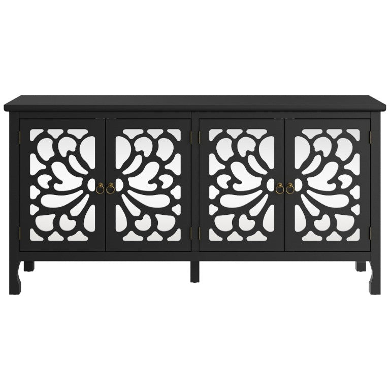 English Elm Carved Floral Sideboard with Mirrored Doors Black MDF Four Door Living Room Cabinet T6051P605069