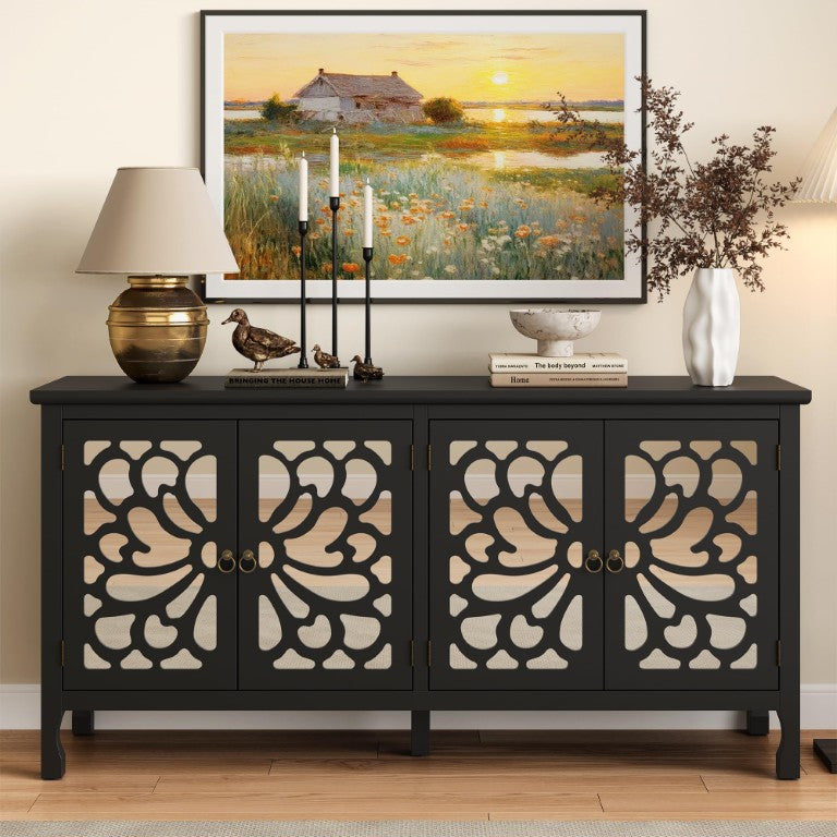 English Elm Carved Floral Sideboard with Mirrored Doors Black MDF Four Door Living Room Cabinet T6051P605069