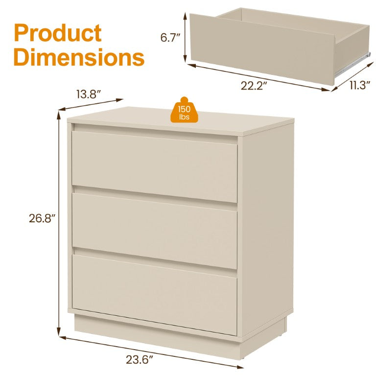 English Elm Large Three Drawer Dresser Beige MDF Chest with Handleless Pull System for Bedroom T6051P605280