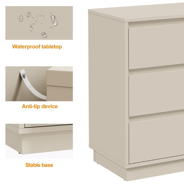 English Elm Large Three Drawer Dresser Beige MDF Chest with Handleless Pull System for Bedroom T6051P605280