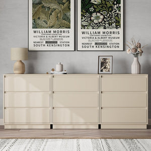 English Elm Large Three Drawer Dresser Beige MDF Chest with Handleless Pull System for Bedroom T6051P605280