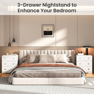 English Elm White Three Drawer Nightstand Modern MDF Bedside Storage with Silver U Handles T6051P606375