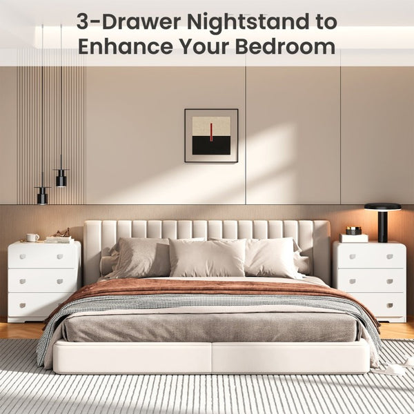 English Elm White Three Drawer Nightstand Modern MDF Bedside Storage with Silver U Handles T6051P606375