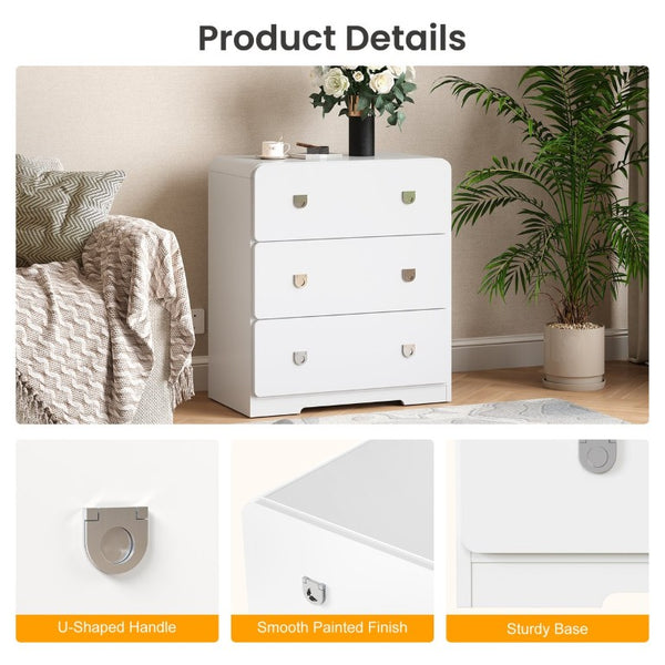 English Elm White Three Drawer Nightstand Modern MDF Bedside Storage with Silver U Handles T6051P606375