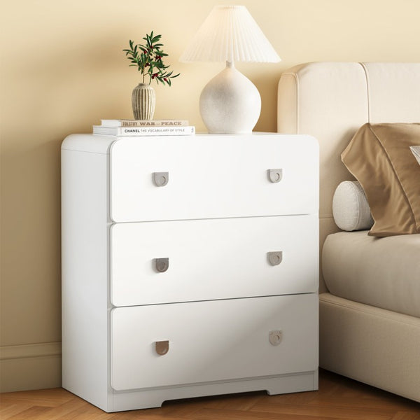 English Elm White Three Drawer Nightstand Modern MDF Bedside Storage with Silver U Handles T6051P606375