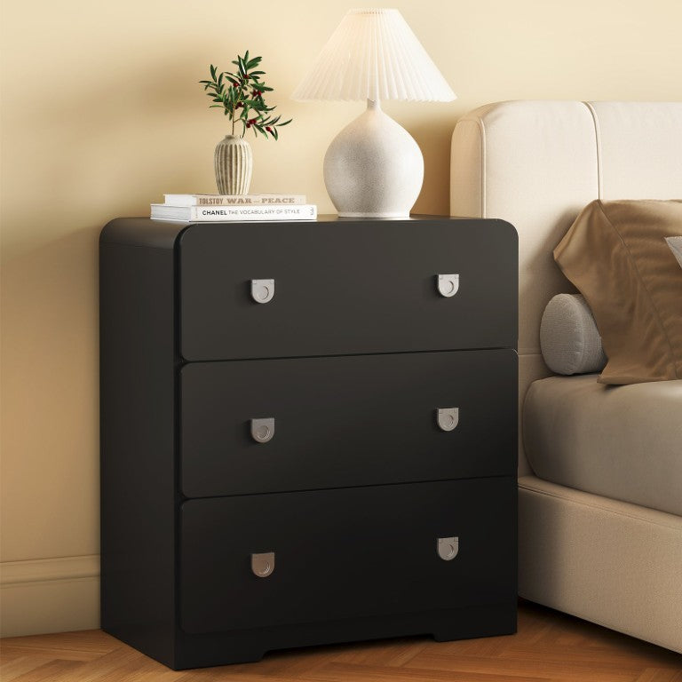 English Elm Black Matte Three Drawer Nightstand with Silver U Pulls for Modern Bedroom Storage T6051P606408