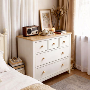 English Elm Large Five Drawer Nightstand White Wood Two Tone Bedside with Natural Knobs for Bedroom T6051P606451