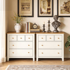 English Elm Large Five Drawer Nightstand White Wood Two Tone Bedside with Natural Knobs for Bedroom T6051P606451