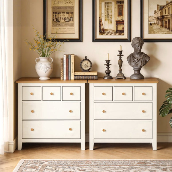 English Elm Large Five Drawer Nightstand White Wood Two Tone Bedside with Natural Knobs for Bedroom T6051P606451