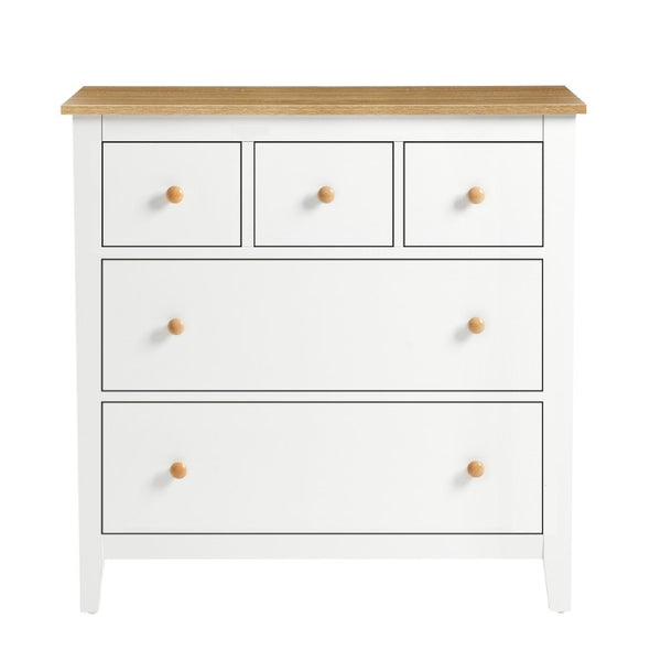 English Elm Large Five Drawer Nightstand White Wood Two Tone Bedside with Natural Knobs for Bedroom T6051P606451
