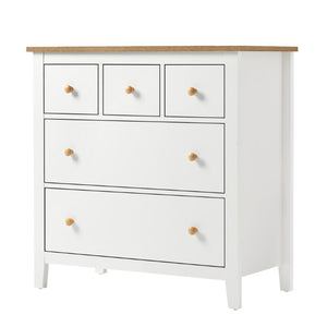 English Elm Large Five Drawer Nightstand White Wood Two Tone Bedside with Natural Knobs for Bedroom T6051P606451