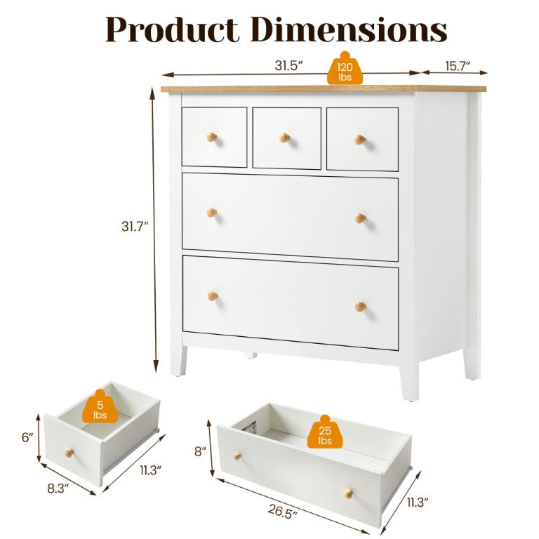 English Elm Large Five Drawer Nightstand White Wood Two Tone Bedside with Natural Knobs for Bedroom T6051P606451