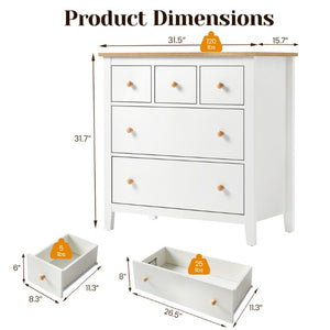 English Elm Large Five Drawer Nightstand White Wood Two Tone Bedside with Natural Knobs for Bedroom T6051P606451