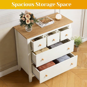 English Elm Large Five Drawer Nightstand White Wood Two Tone Bedside with Natural Knobs for Bedroom T6051P606451